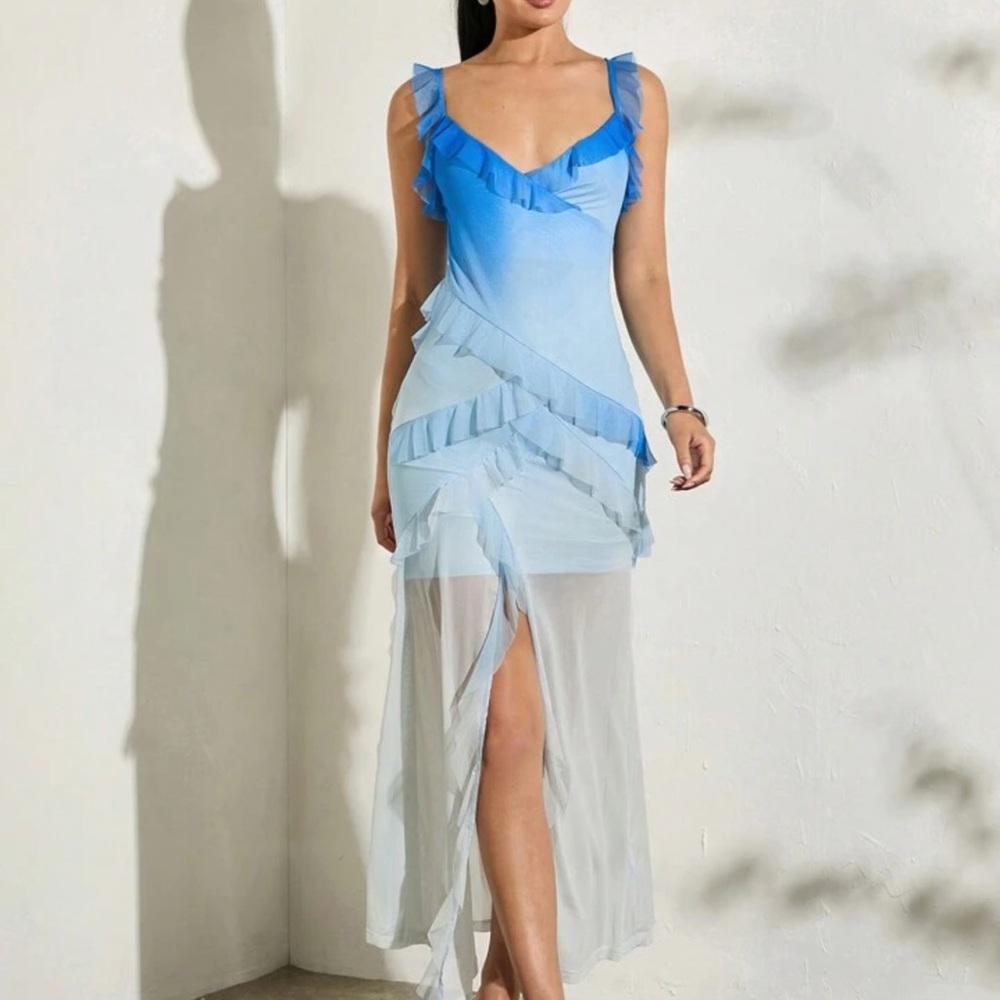 Shein Gradient Asymmetric Cross-Over Ruffle Hem Sheer Dress With High Side Slit